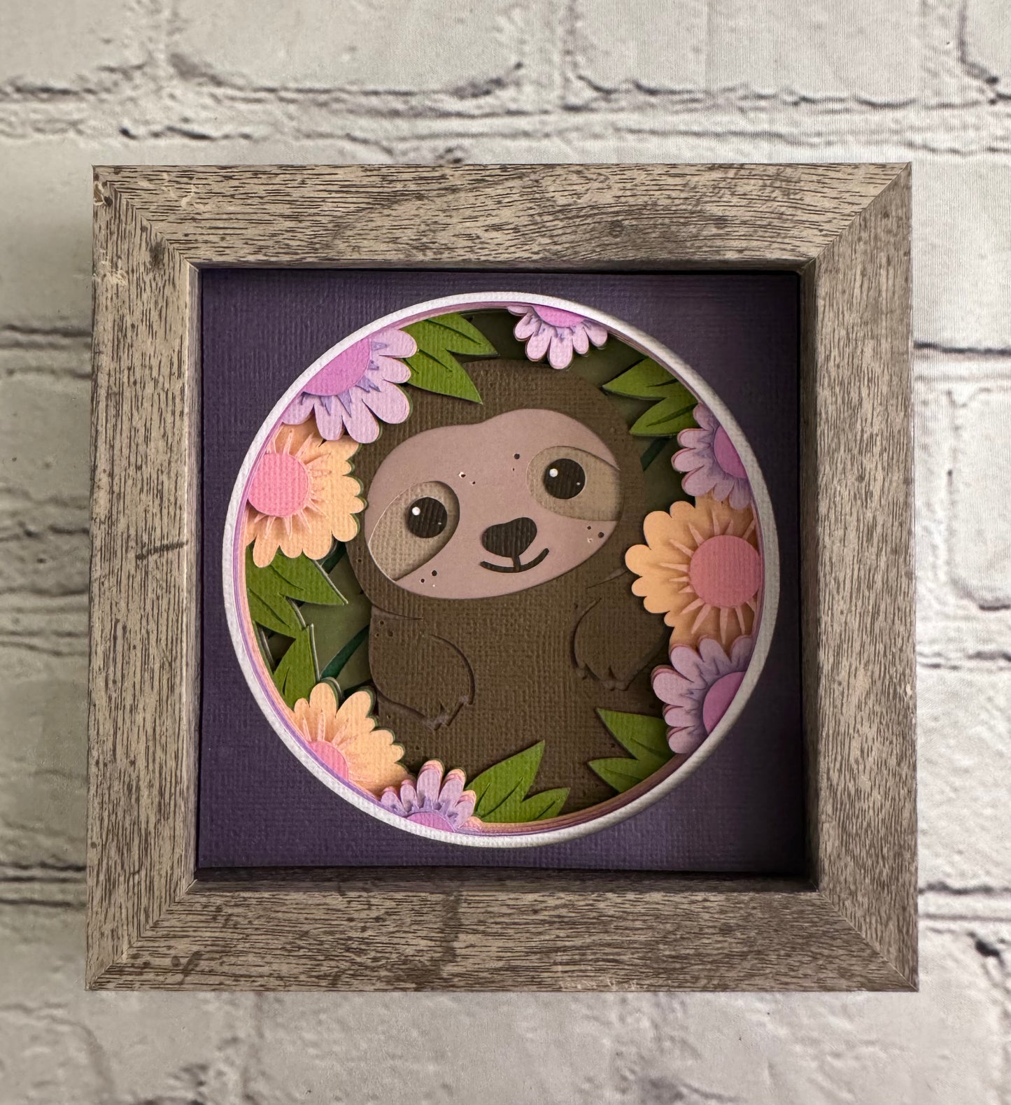 Sloth in flowers mini 3D paper art in a shadowbox