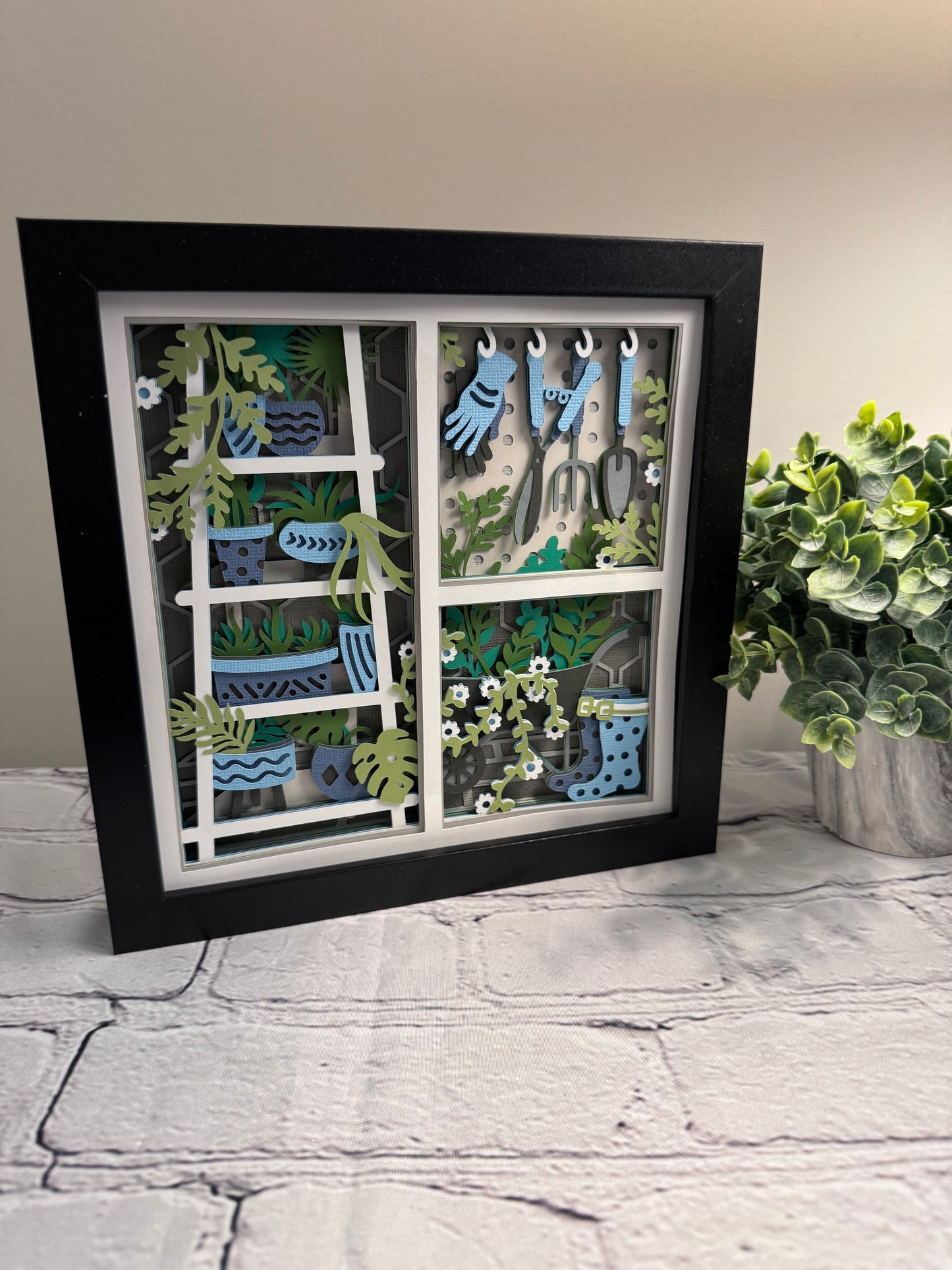 Gardening scene three panel 3D paper art in a shadowbox