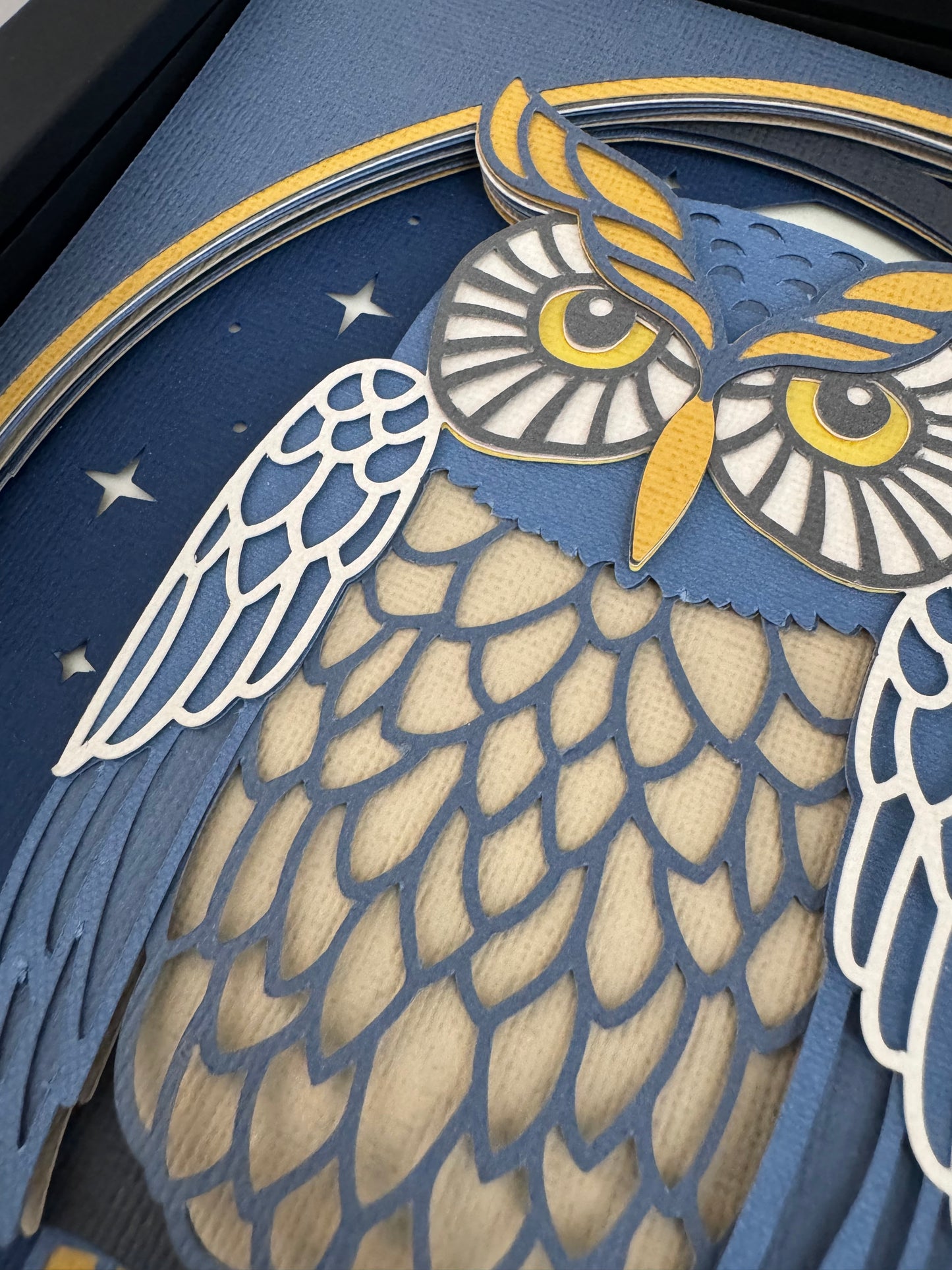 Owl nighttime scene 3D paper art in a shadowbox