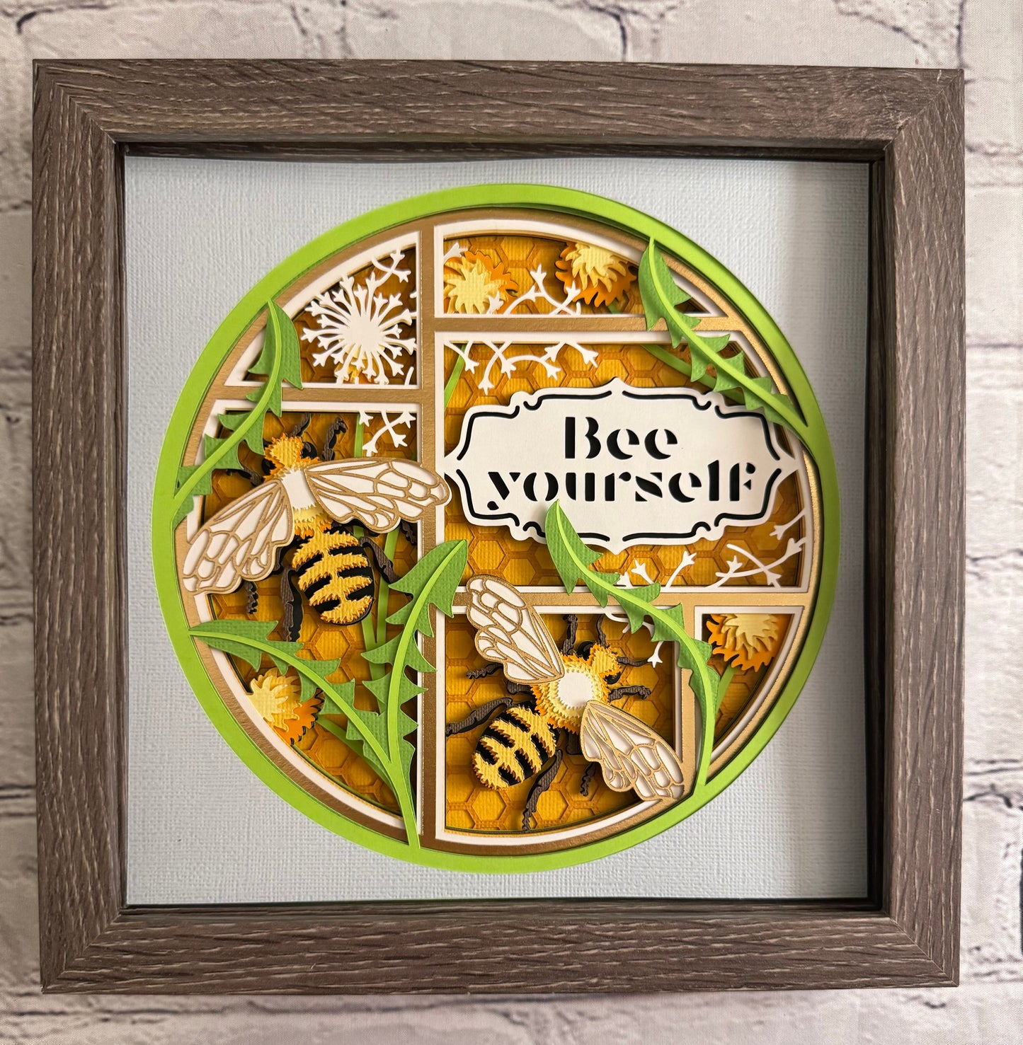 Bee scene bee yourself round version 3D paper art in a shadowbox