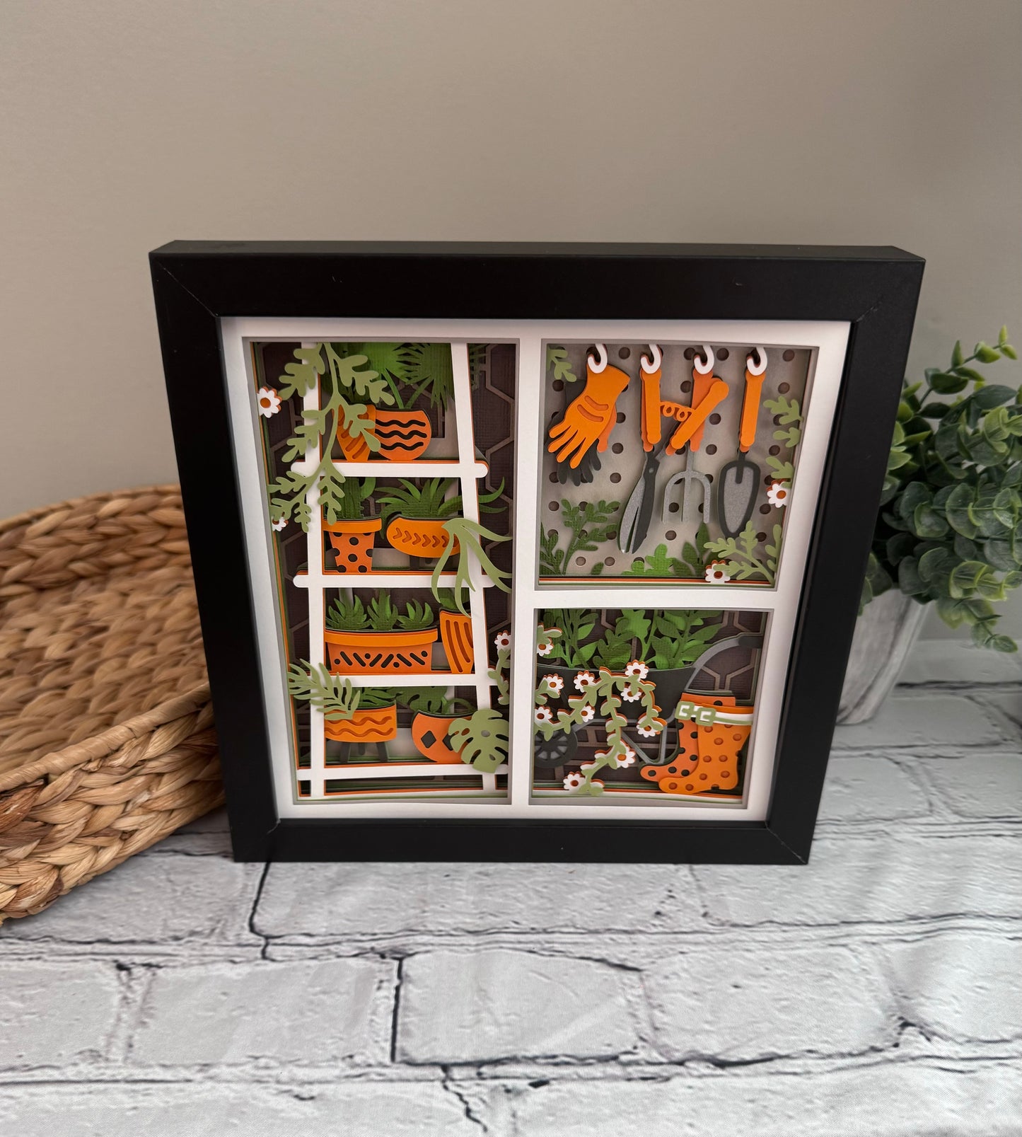 Gardening scene three panel 3D paper art in a shadowbox