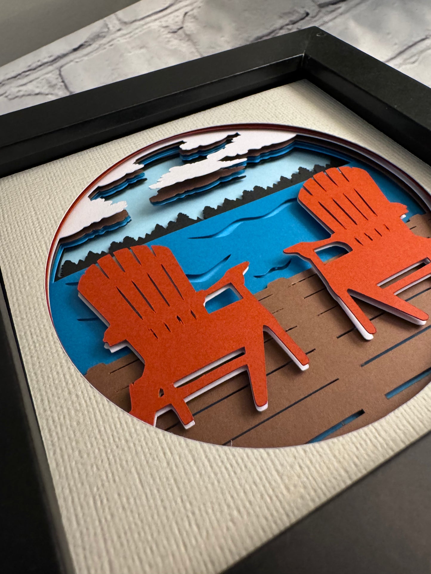 Chairs on the dock at the lake mini 3D paper art in a shadowbox