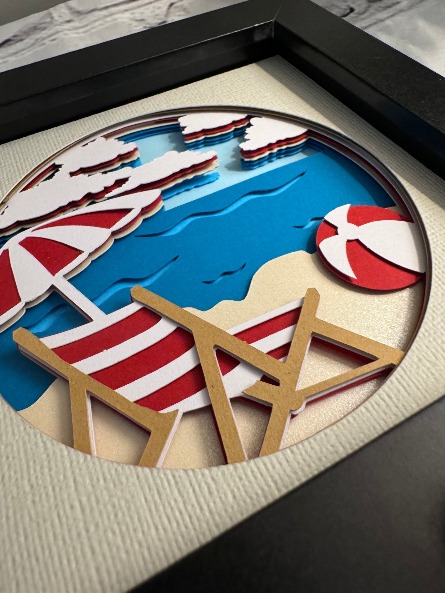 Chair on the beach at the ocean mini 3D paper art in a shadowbox