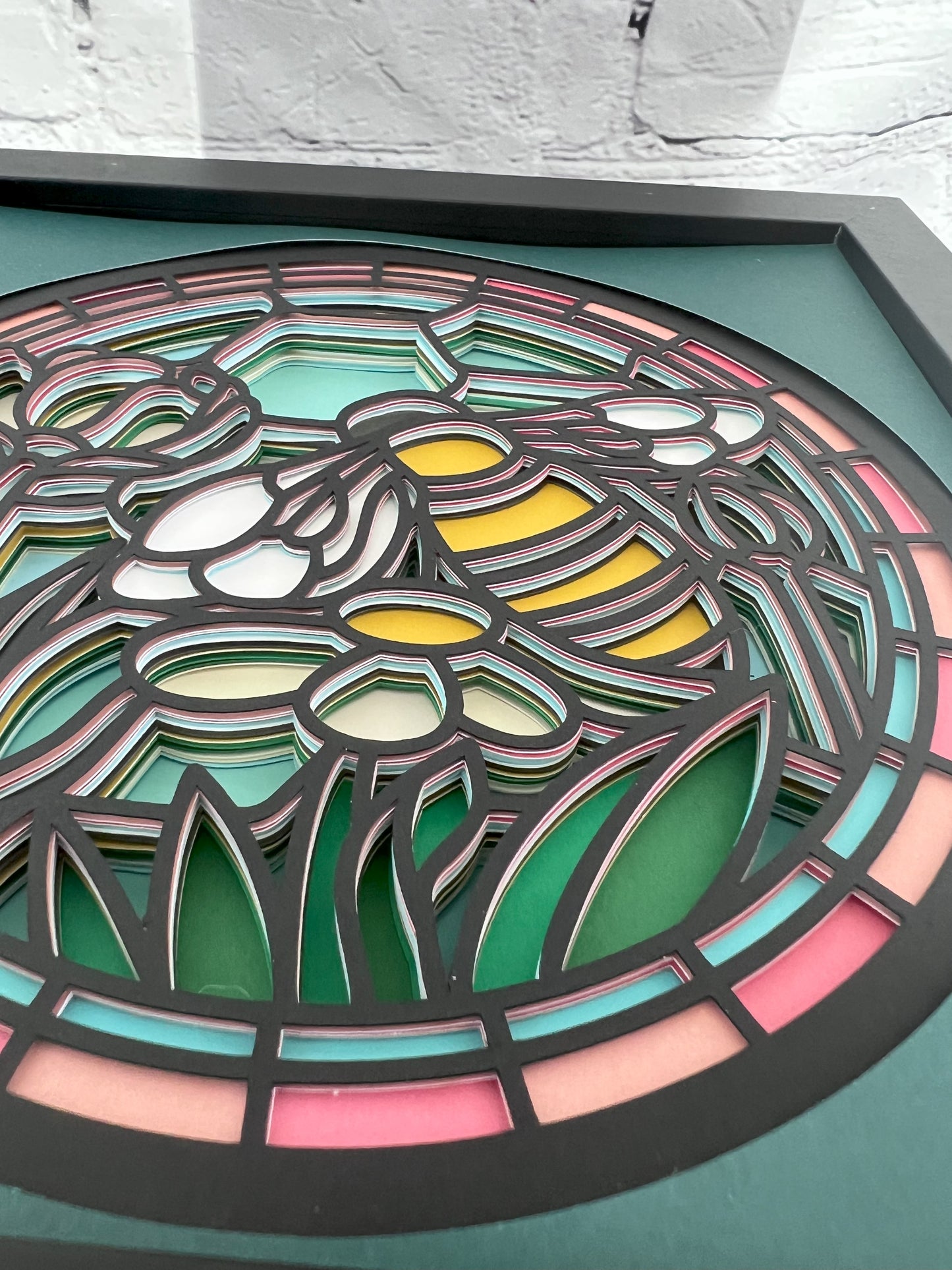 Stained glass bumble bee 3D paper art in a shadowbox