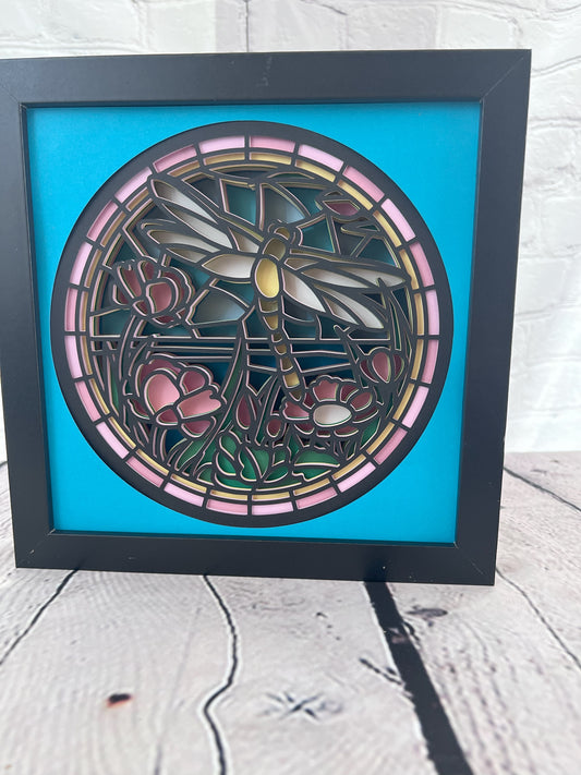 Stained glass dragonfly 3D paper art in a shadowbox