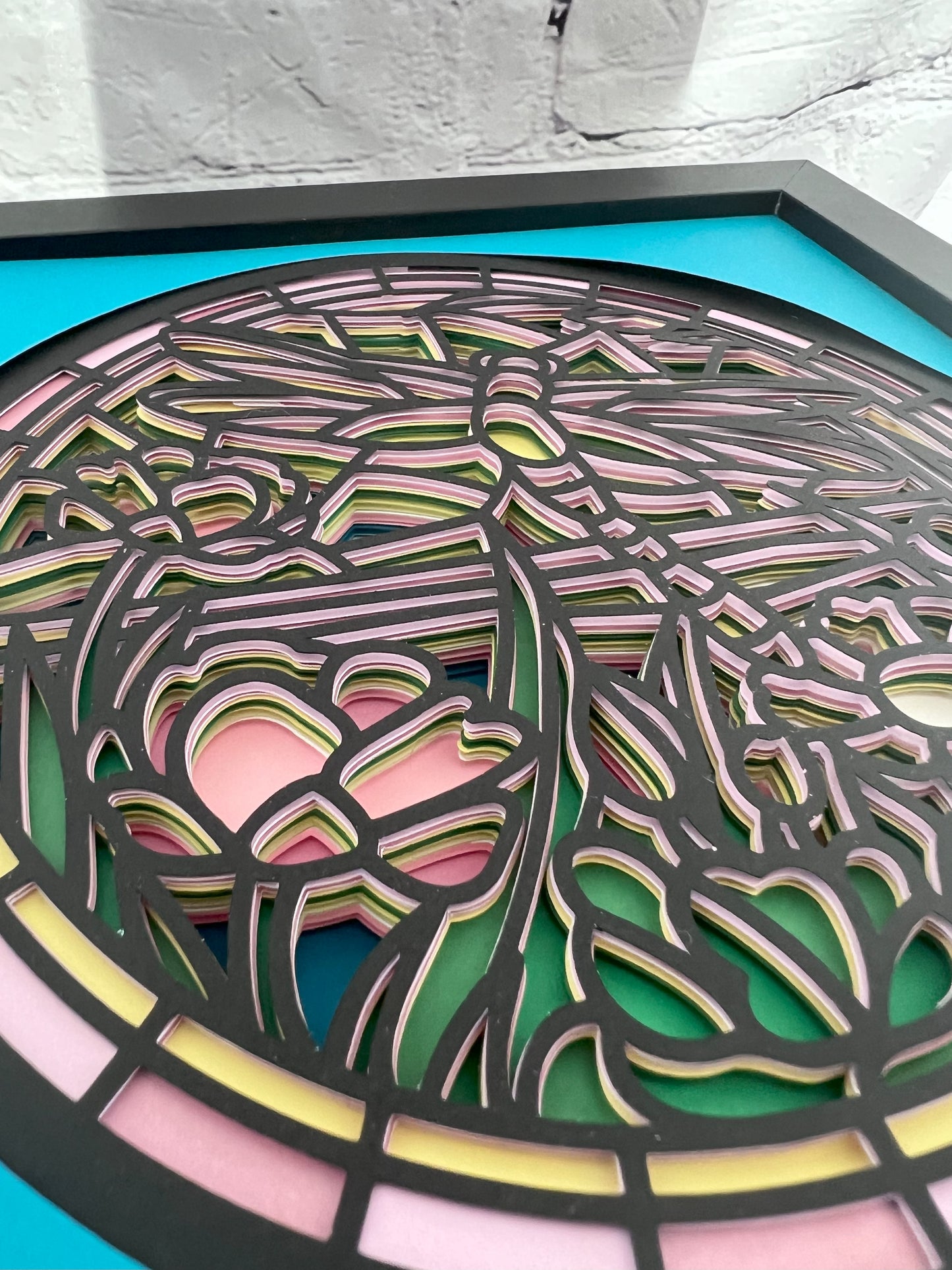 Stained glass dragonfly 3D paper art in a shadowbox