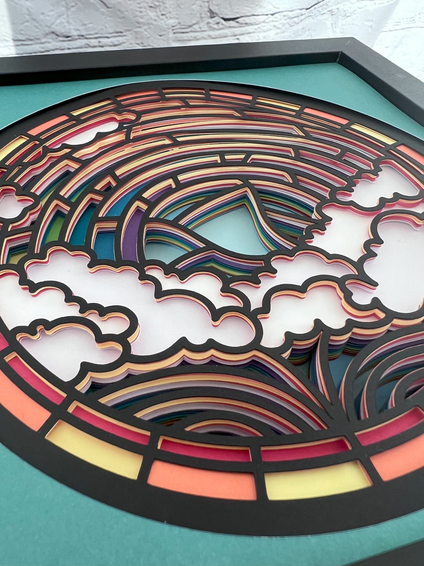 Stained glass rainbow 3D paper art in a shadowbox