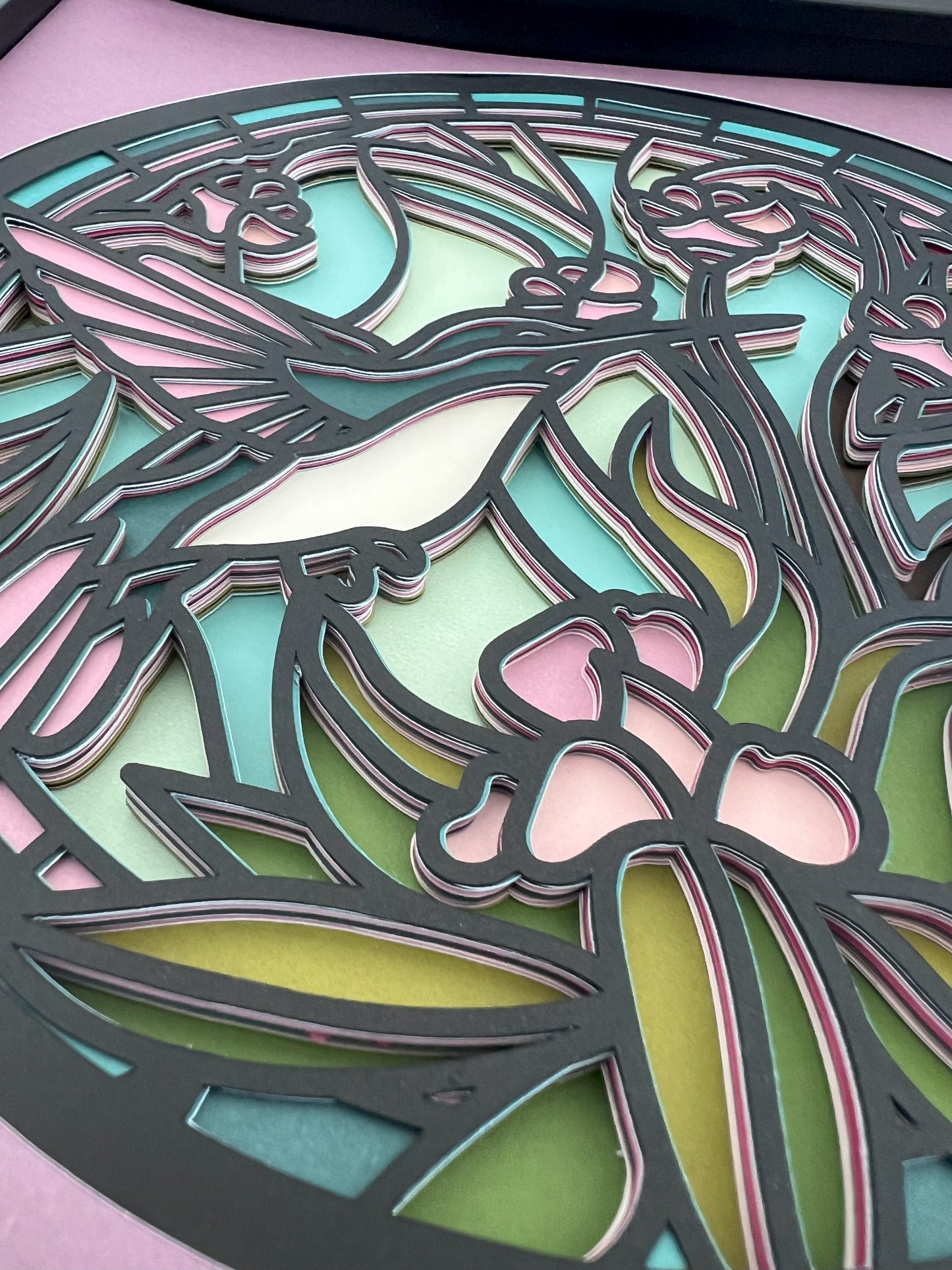 Stained glass hummingbird 3D paper art in a shadowbox