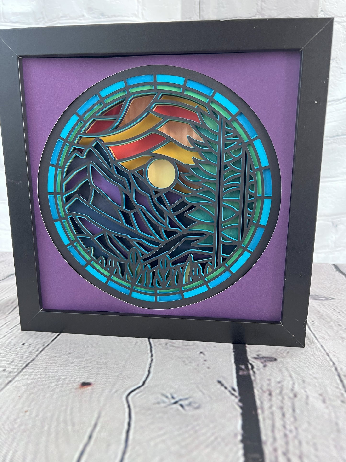 Stained glass purple mountain 3D paper art in a shadowbox