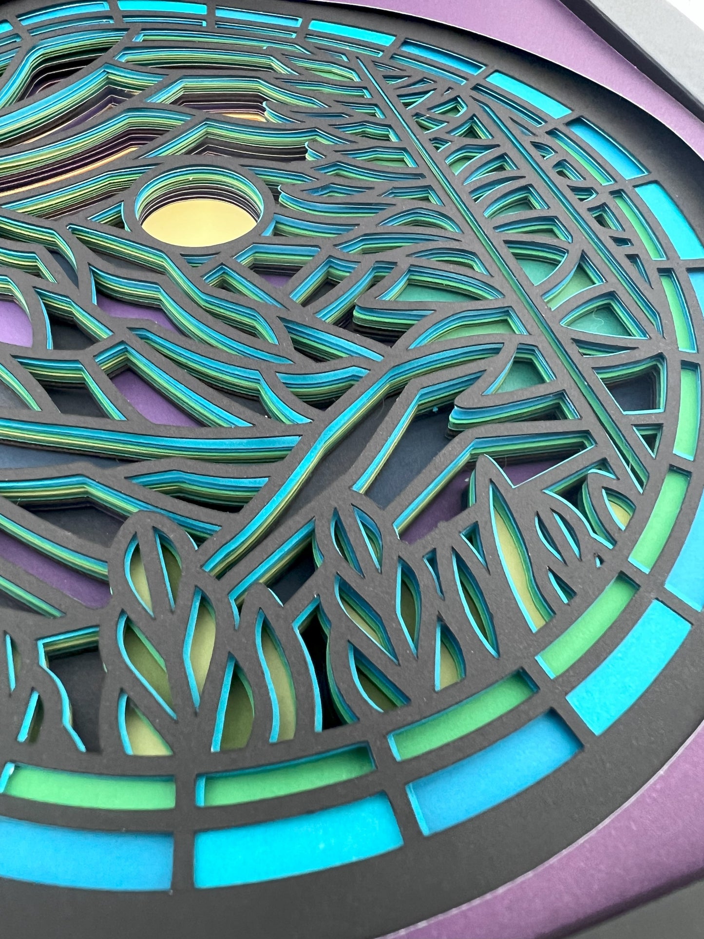 Stained glass purple mountain 3D paper art in a shadowbox
