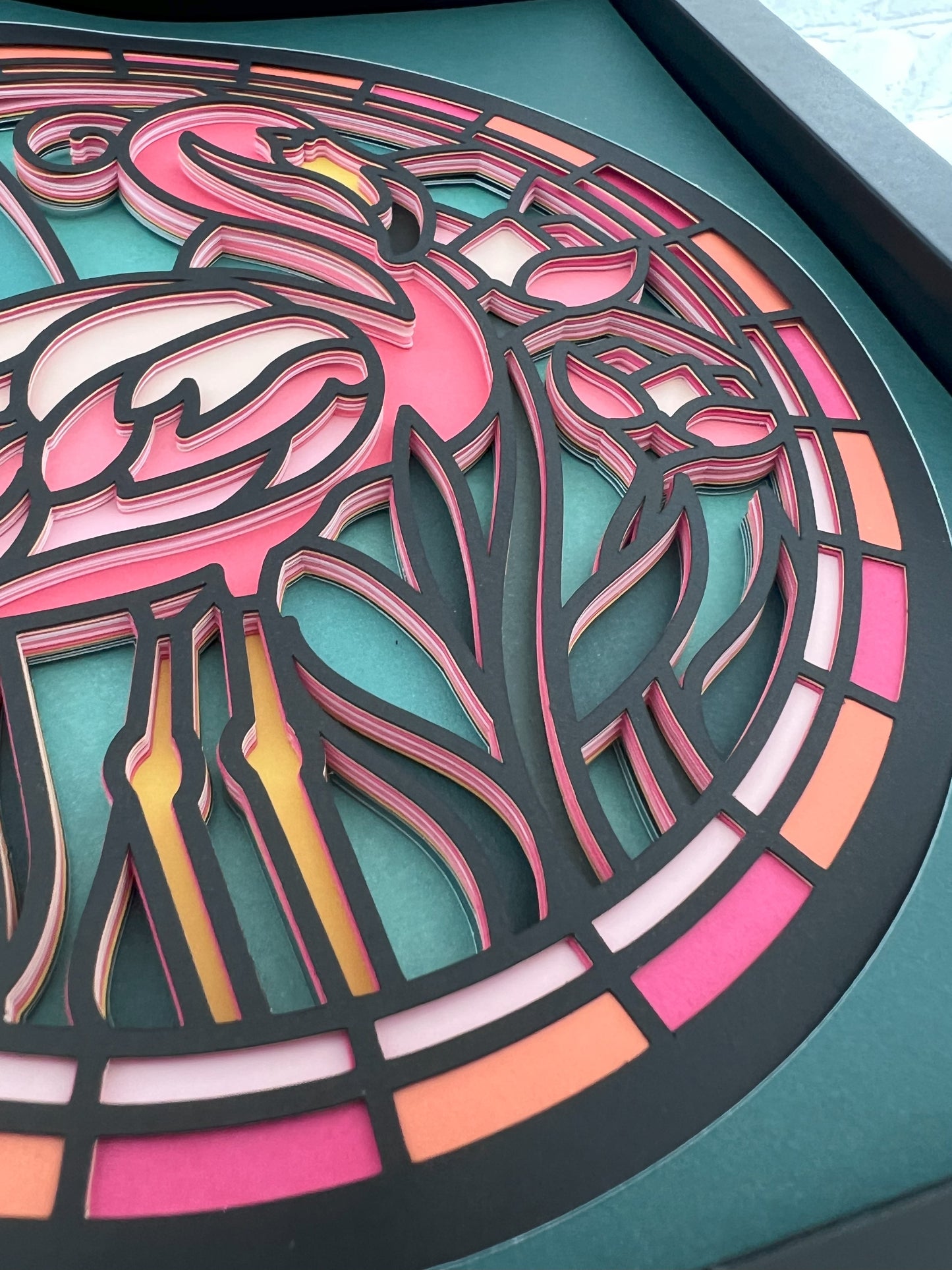 Stained glass flamingo 3D paper art in a shadowbox