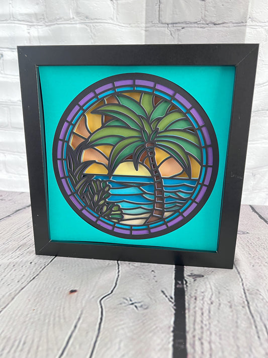 Stained glass palm tree 3D paper art in a shadowbox