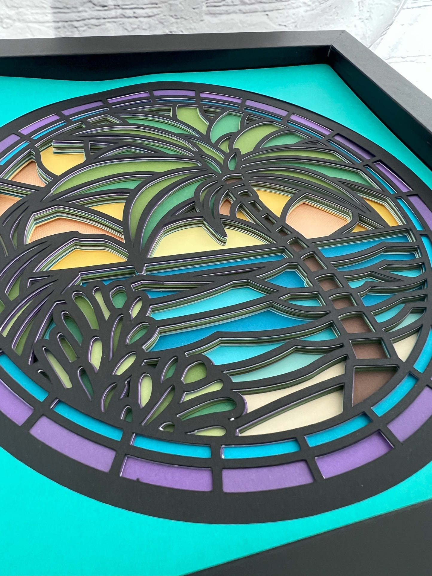 Stained glass palm tree 3D paper art in a shadowbox