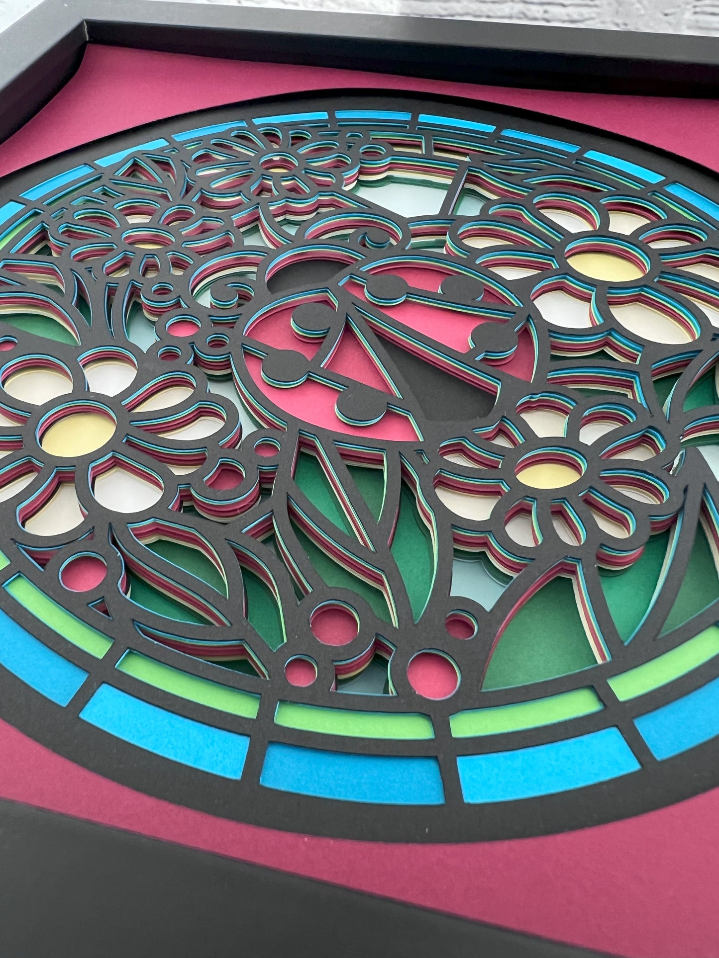 Stained glass ladybug 3D paper art in a shadowbox