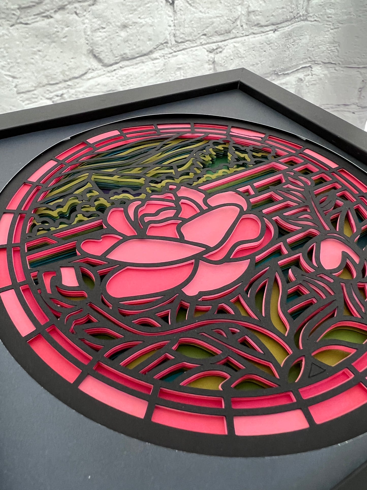Stained glass rose 3D paper art in a shadowbox
