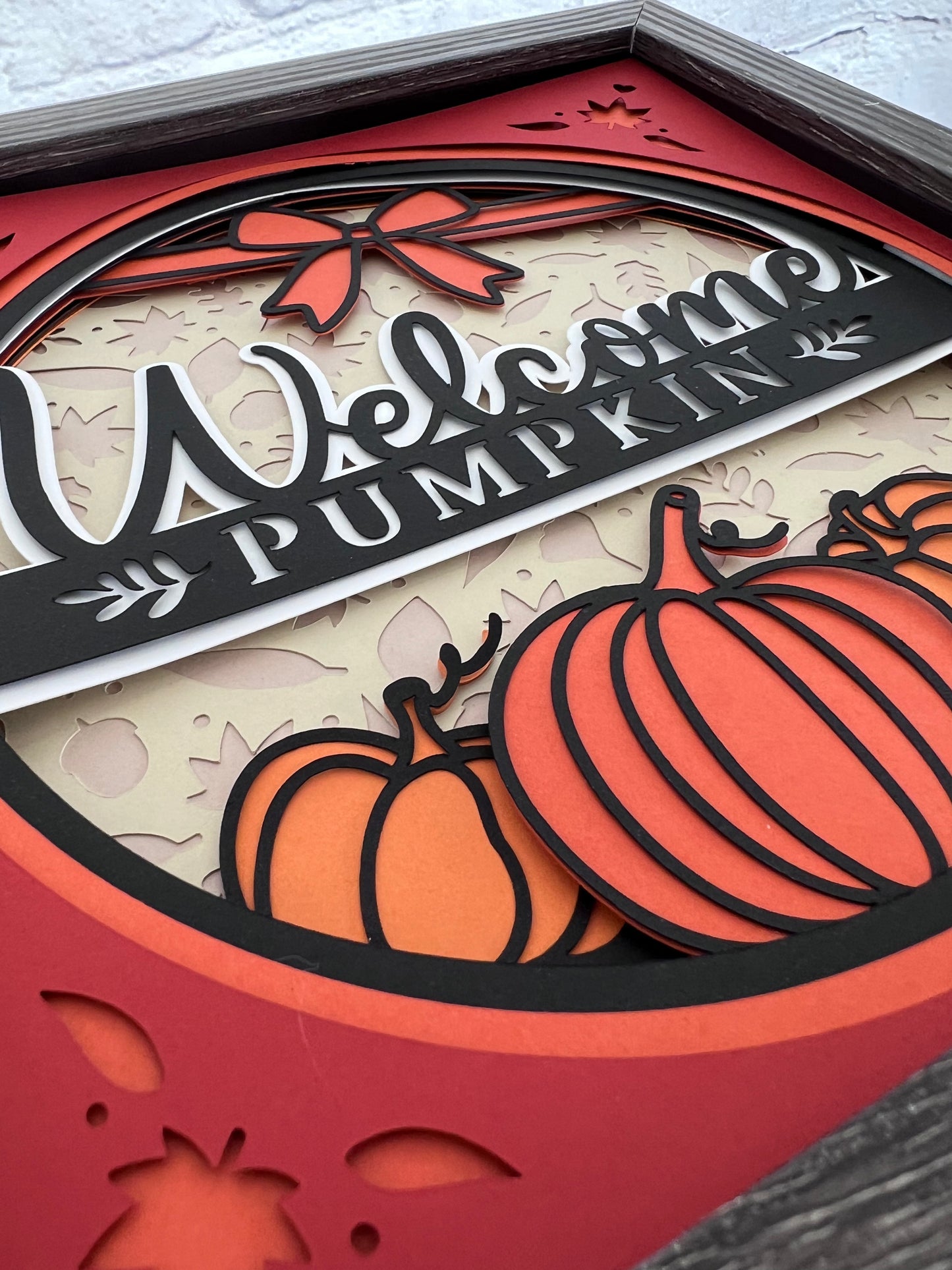 Welcome pumpkin 3D paper art in a shadowbox