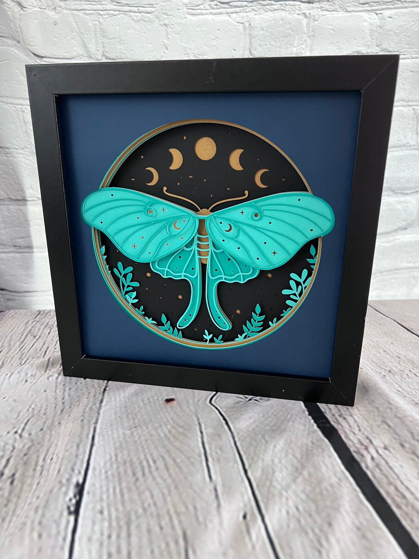 Luna moth 3D paper art in a shadowbox