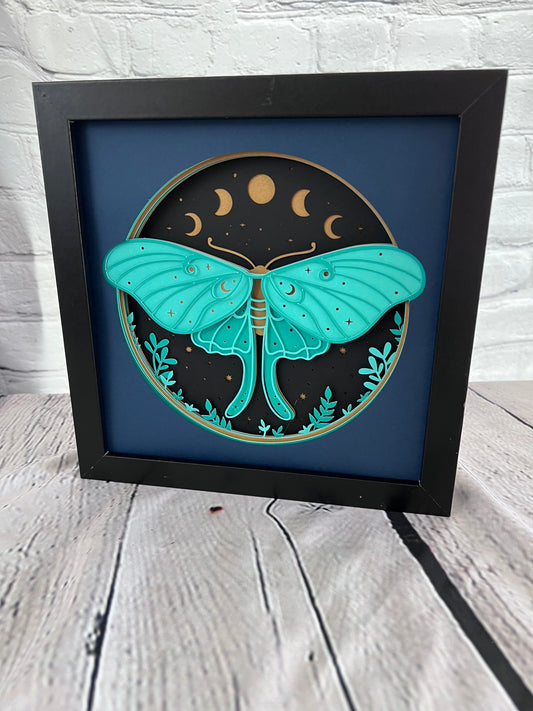 Luna moth 3D paper art in a shadowbox