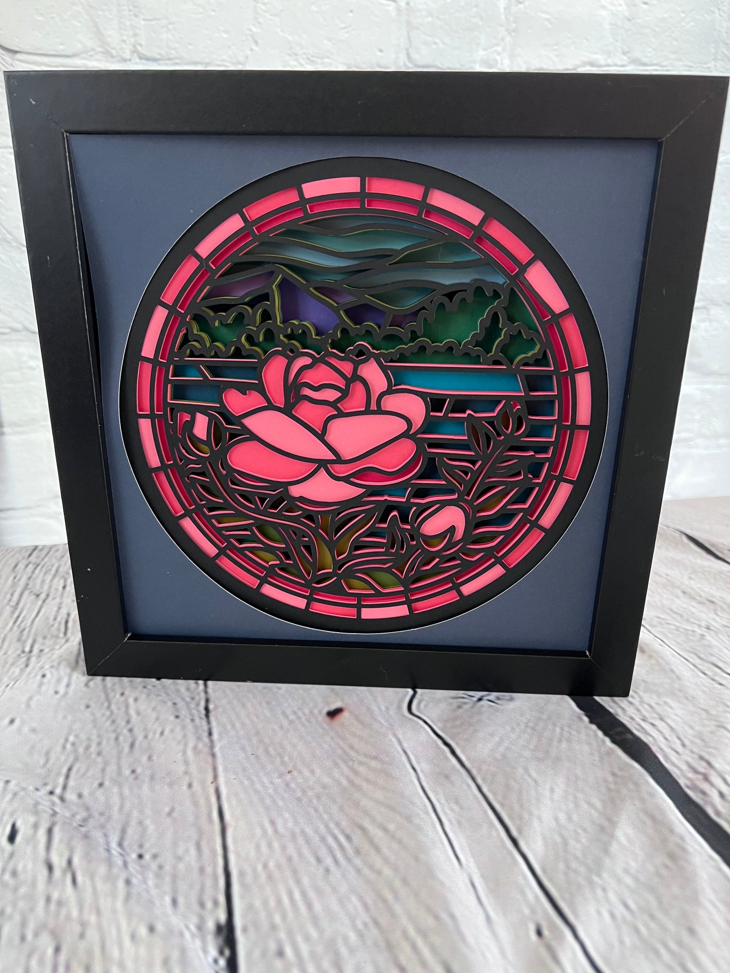 Stained glass rose 3D paper art in a shadowbox