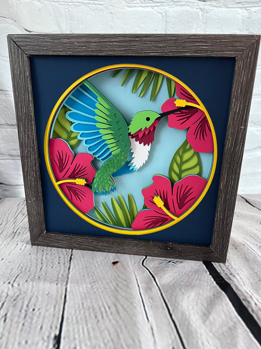 Hummingbird 3D paper art in a shadowbox