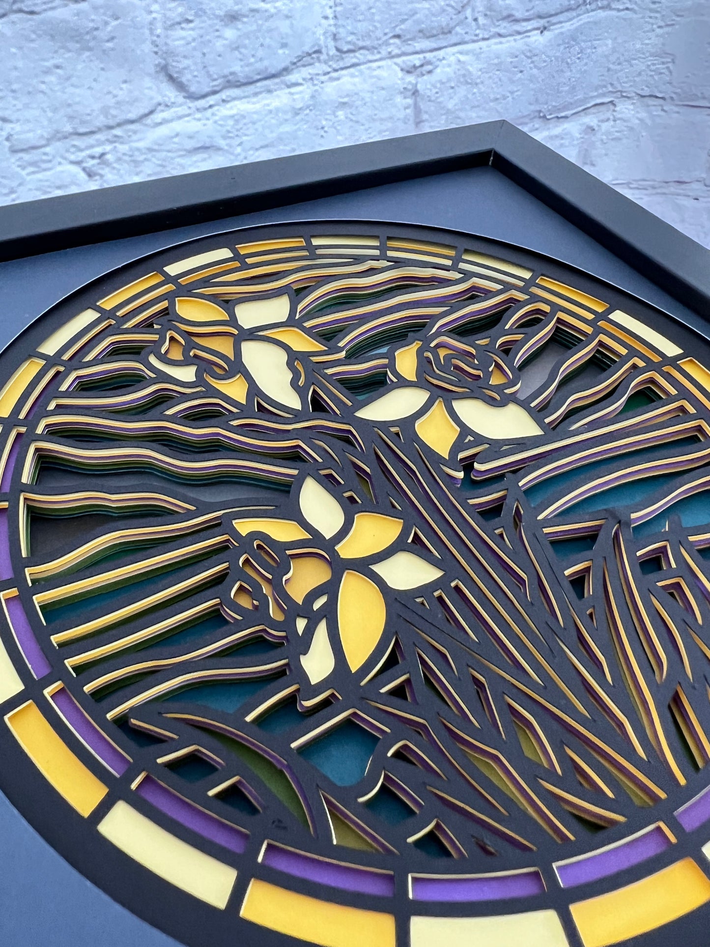 Stained glass daffodil 3D paper art in a shadowbox