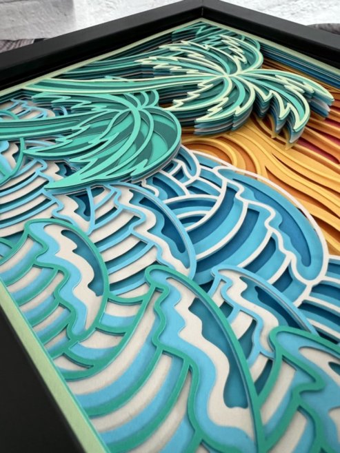 Waves and palm trees 3D paperart shadowbox