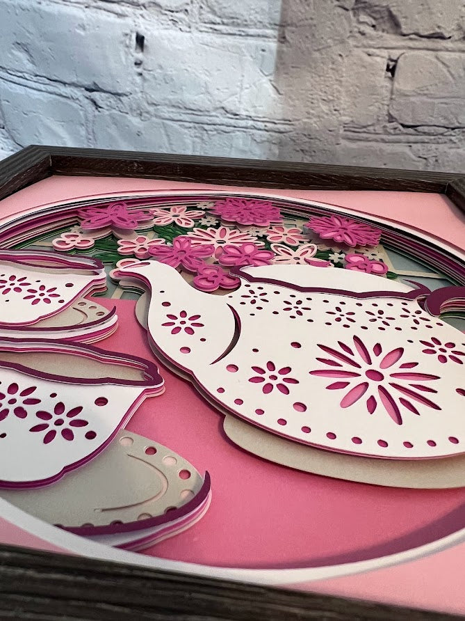 Tea for two 3D paper art in a shadowbox