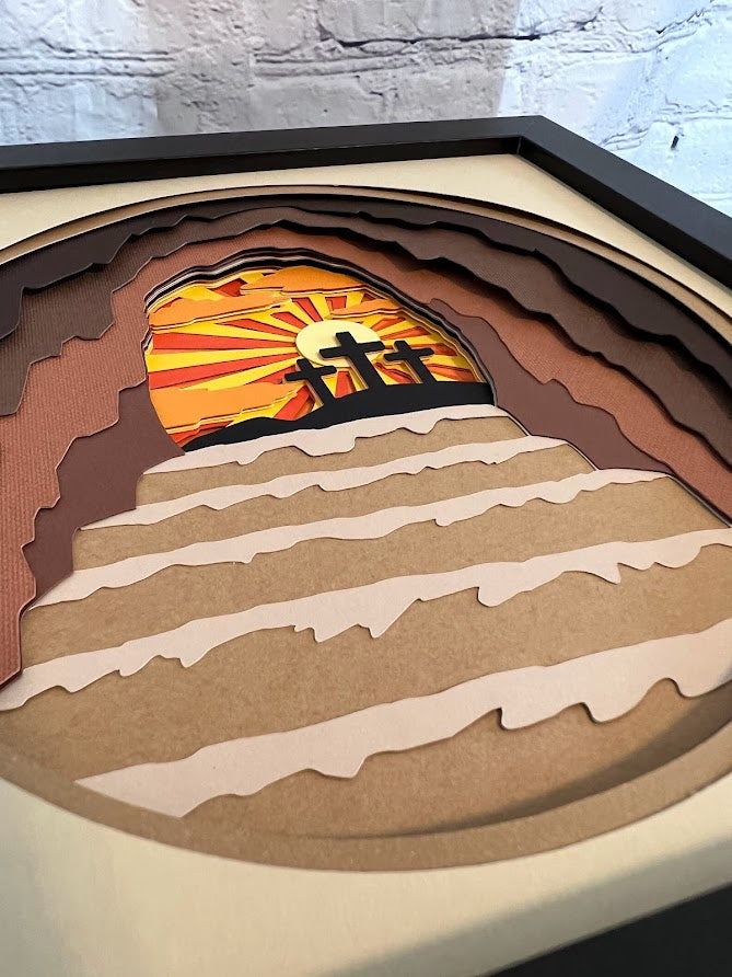 Empty tomb 3D paper art in a shadowbox