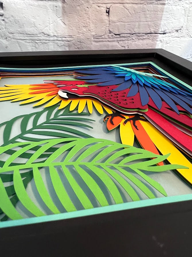 Parrot 3D paper art in a shadowbox