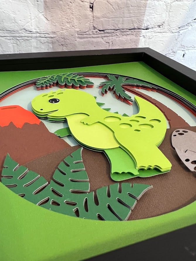 T-Rex cartoon 3D paper art in a shadowbox