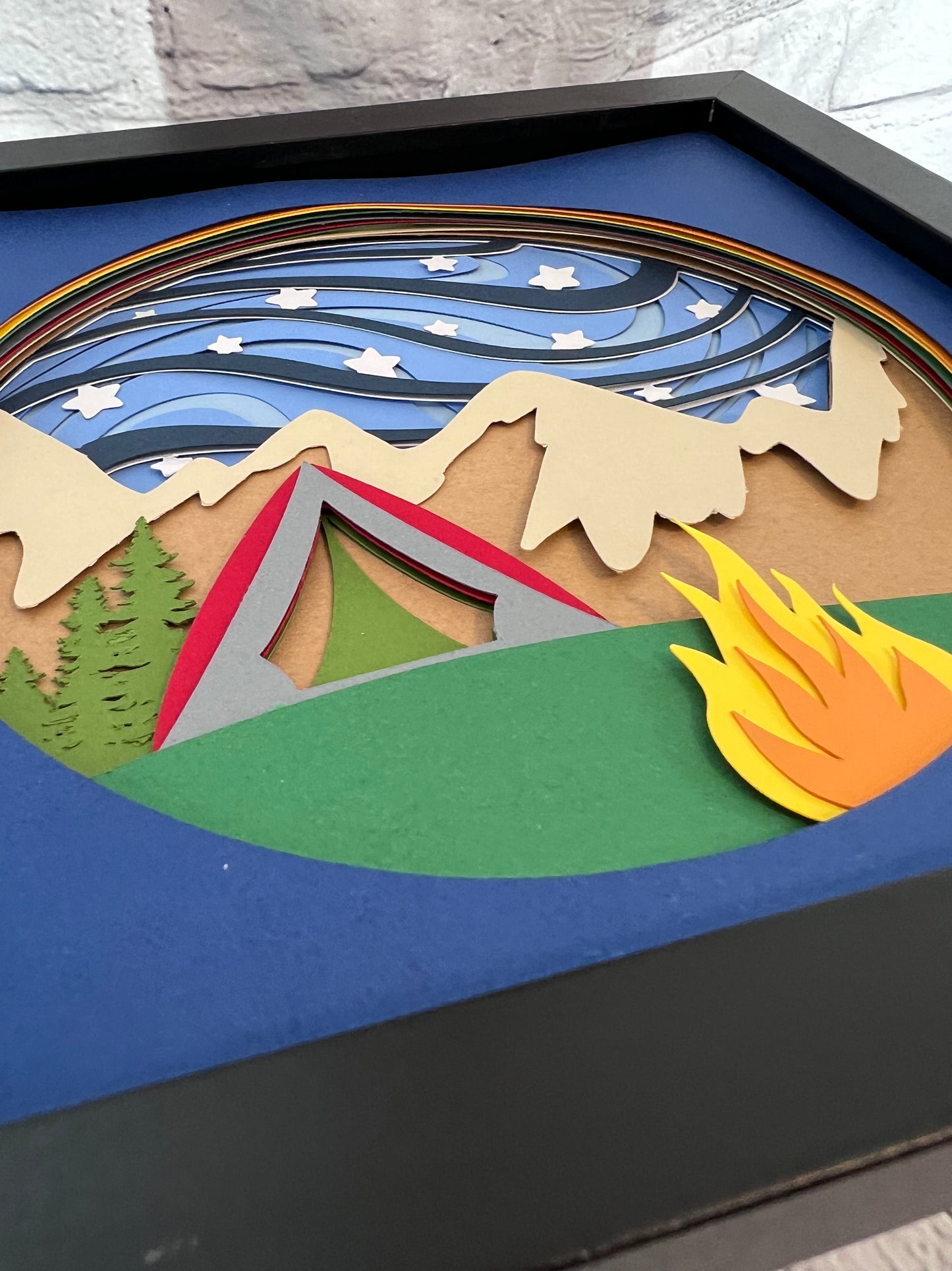Camping under the stars 3D paper art in a shadowbox