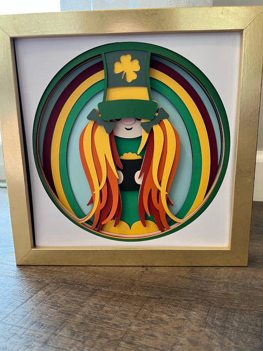 St. Pat gnome-pigtails 3D paper art shadowbox