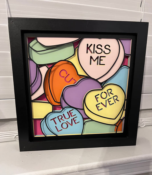 Candy hearts 3D paper art in a shadowbox