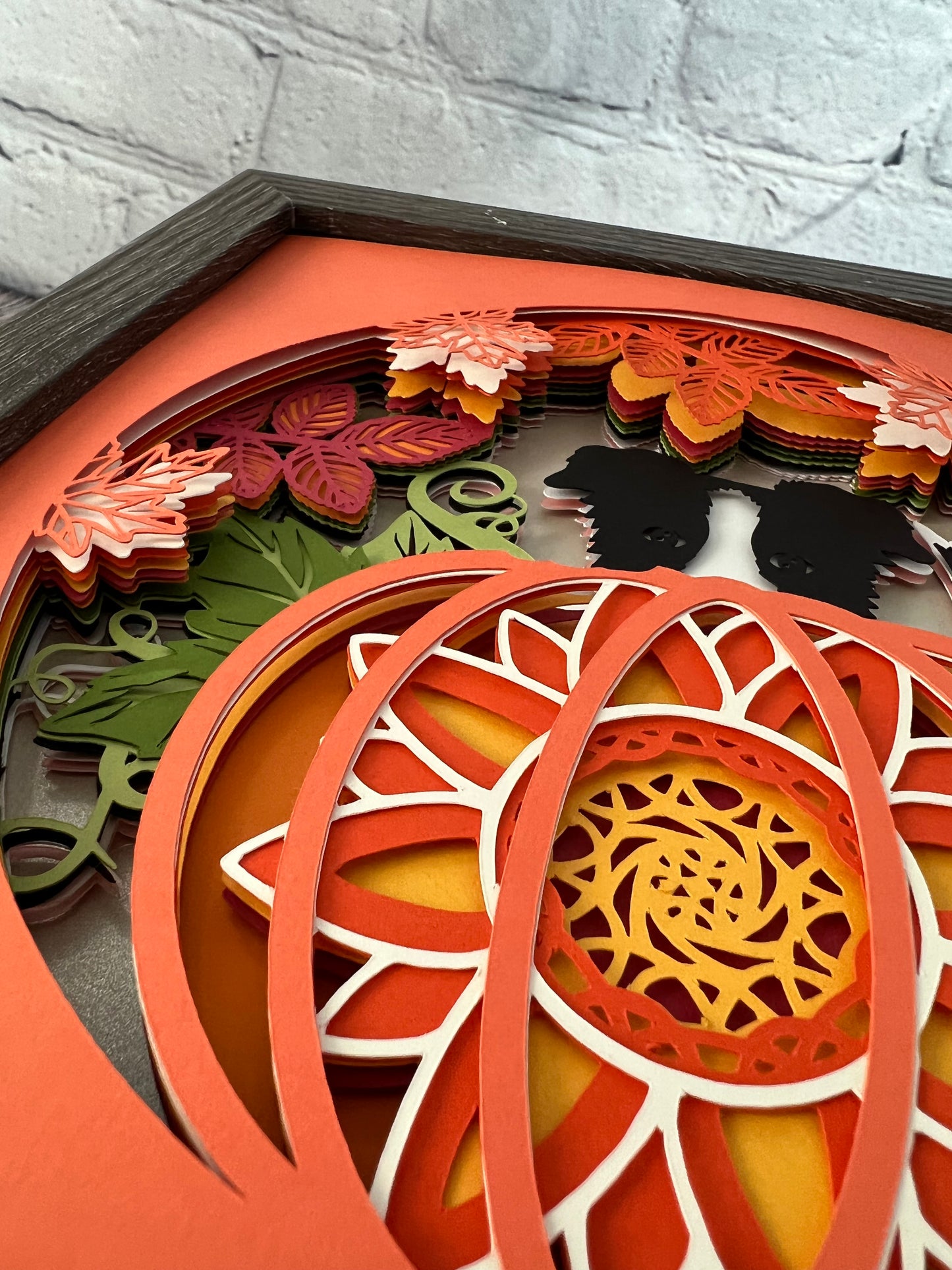 Dog in the pumpkin patch 3D paper art shadowbox