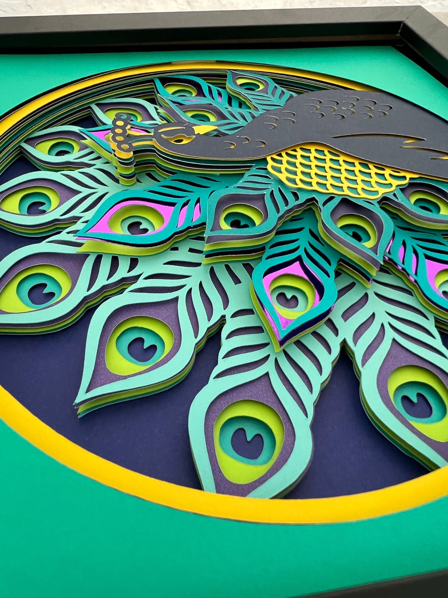 Peacock side view 3D paper art shadowbox