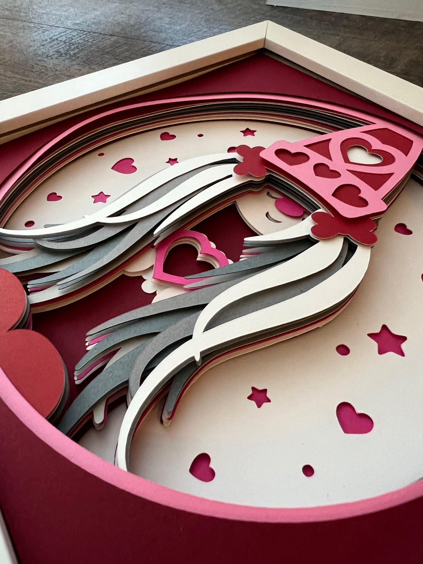 Valentine gnome-pigtails 3D paper art shadowbox