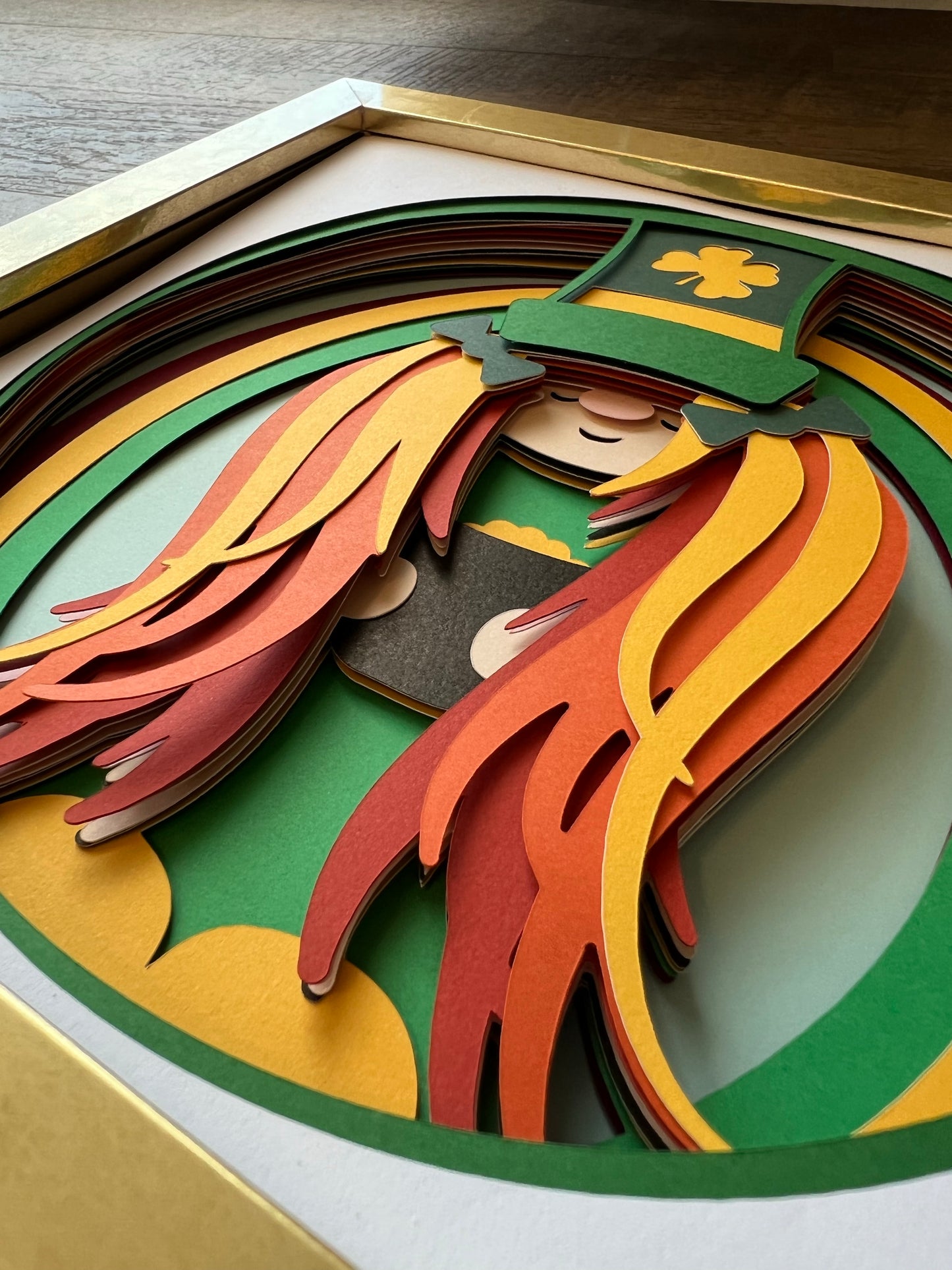 St. Pat gnome-pigtails 3D paper art shadowbox