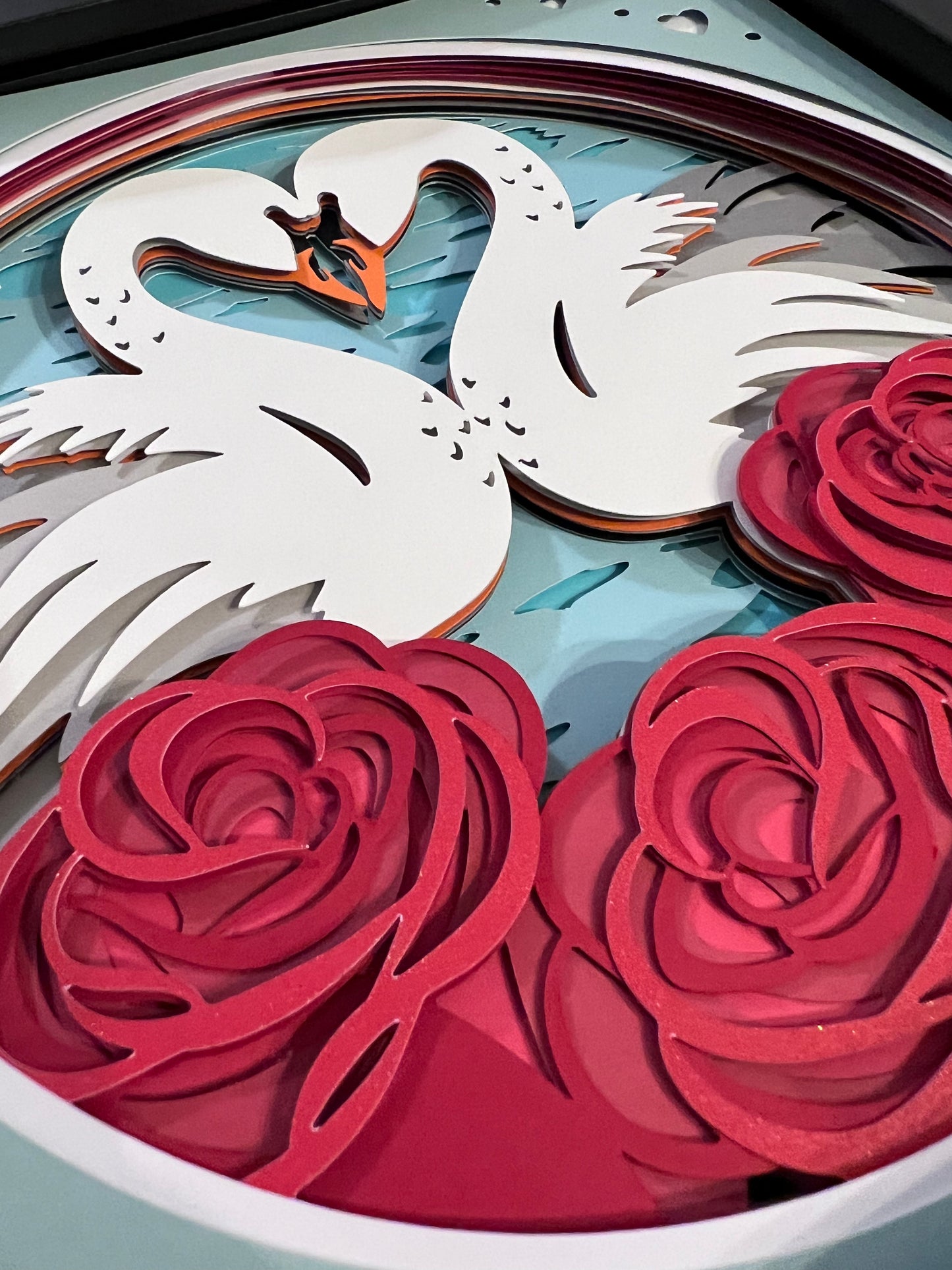 Swans in love 3D paper art in a shadowbox