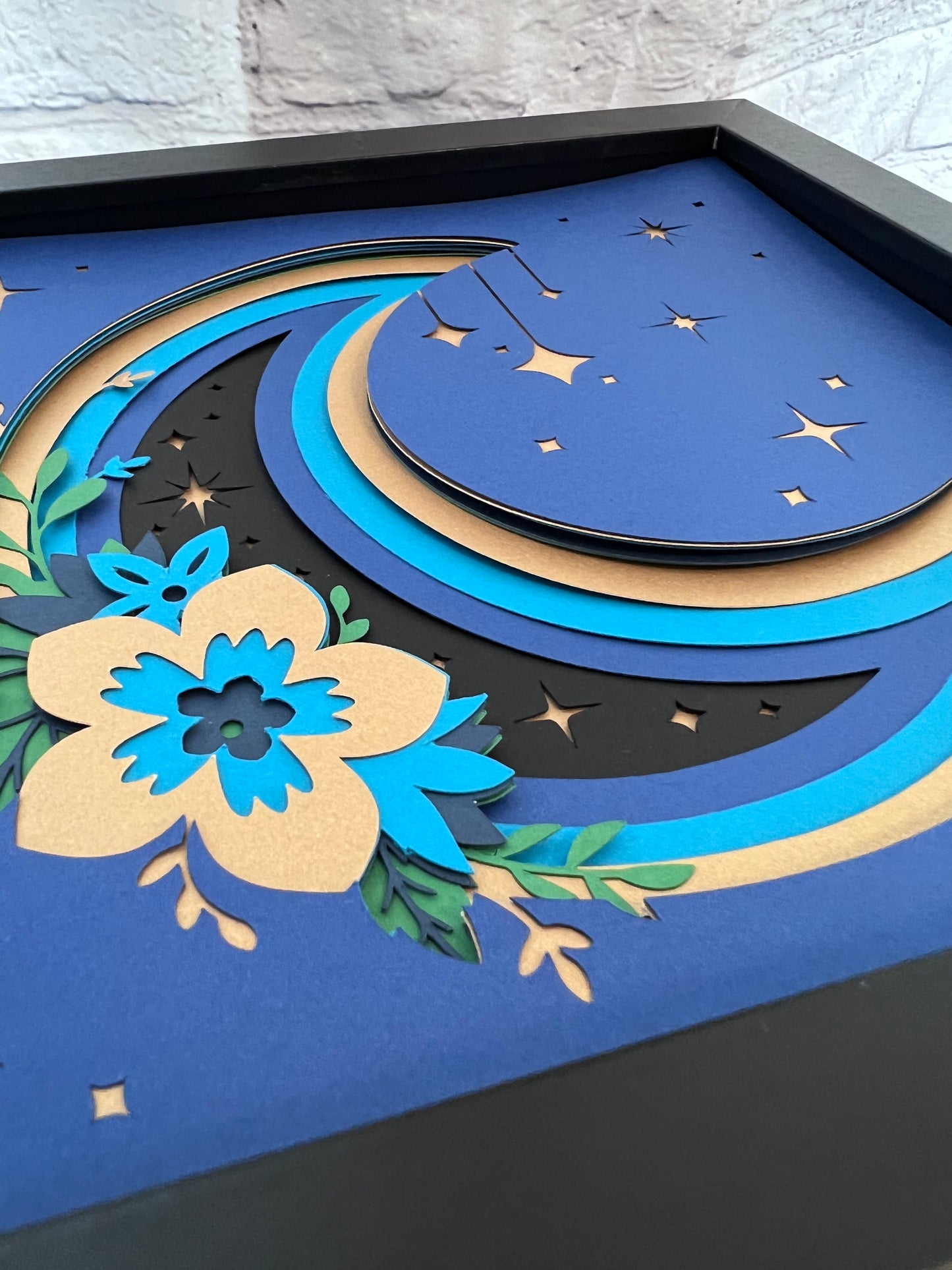 Crescent moon 3D paper art in a shadowbox