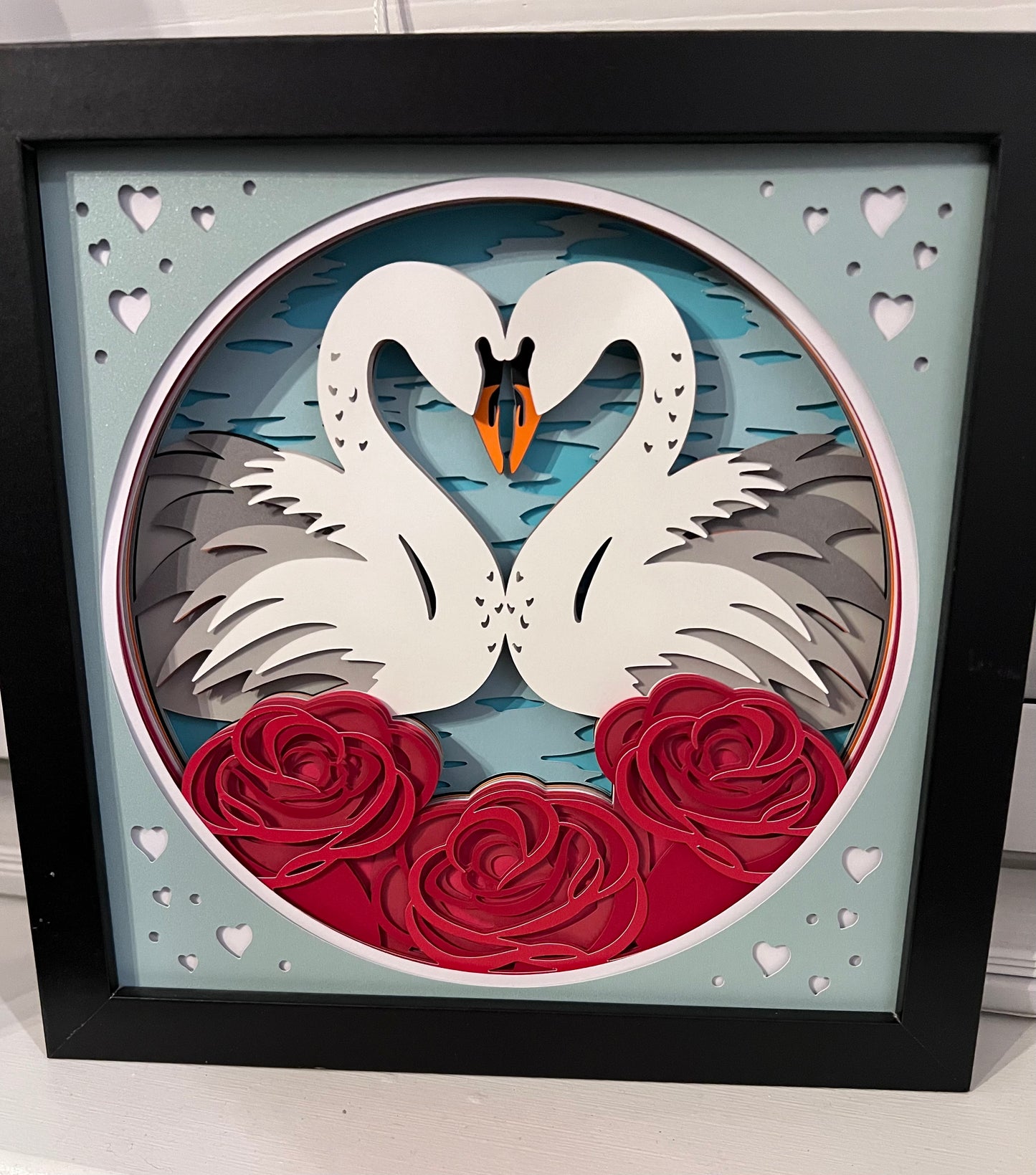 Swans in love 3D paper art in a shadowbox