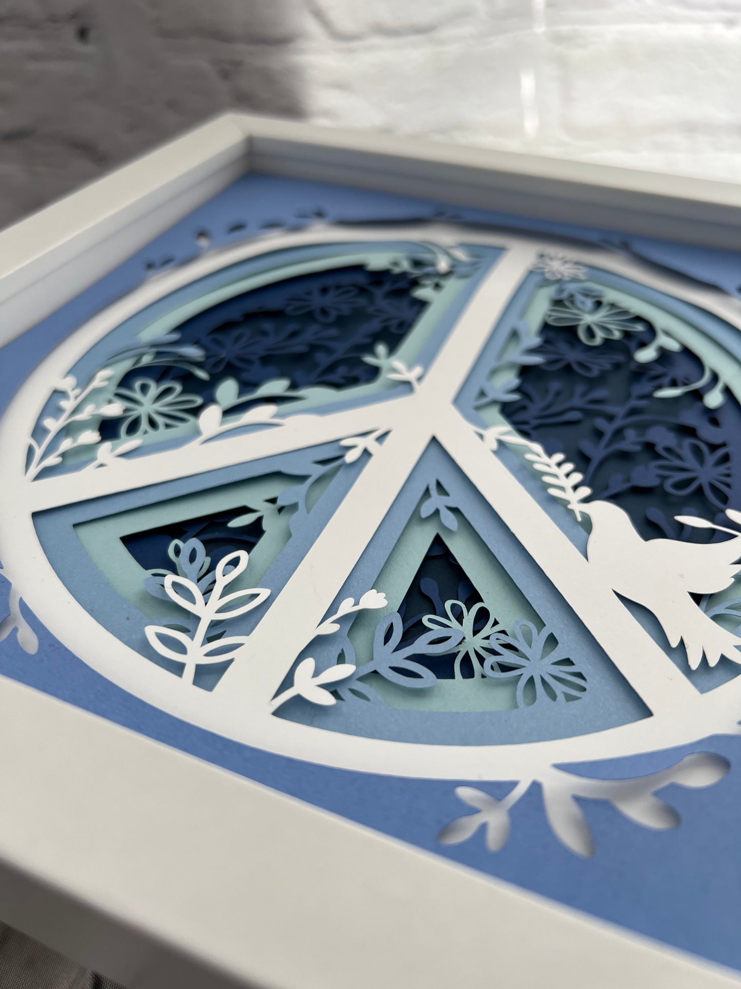 Blue floral peace sign 3D paper art shadowbox