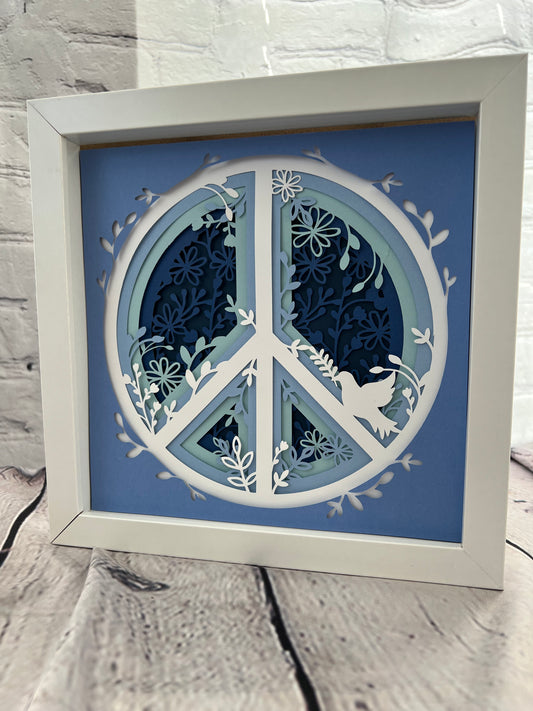 Blue floral peace sign 3D paper art shadowbox