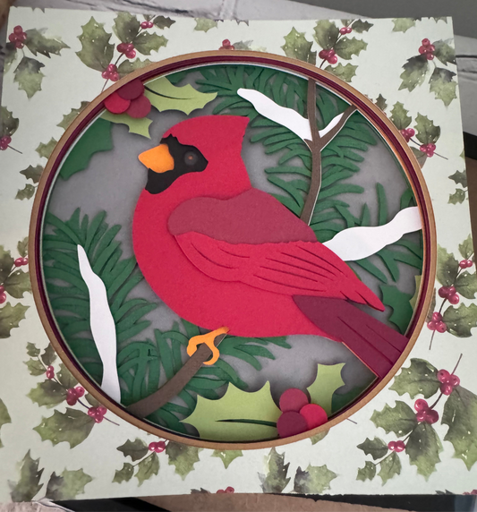 Christmas cardinal close up 3D paper art in a shadowbox