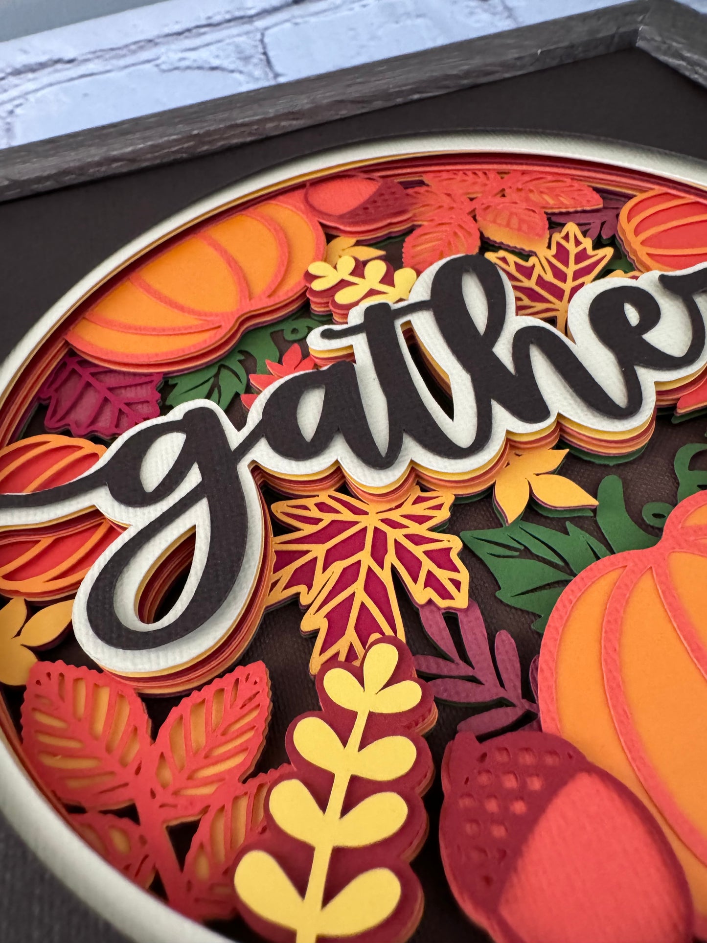 Gather fall leaves and pumpkins design 3D paper art in a shadowbox