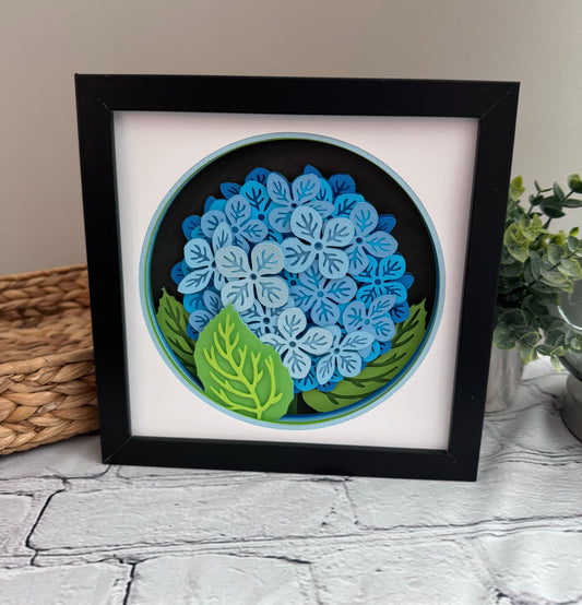 Hydrangea branch flowers 3D paper art in a shadowbox