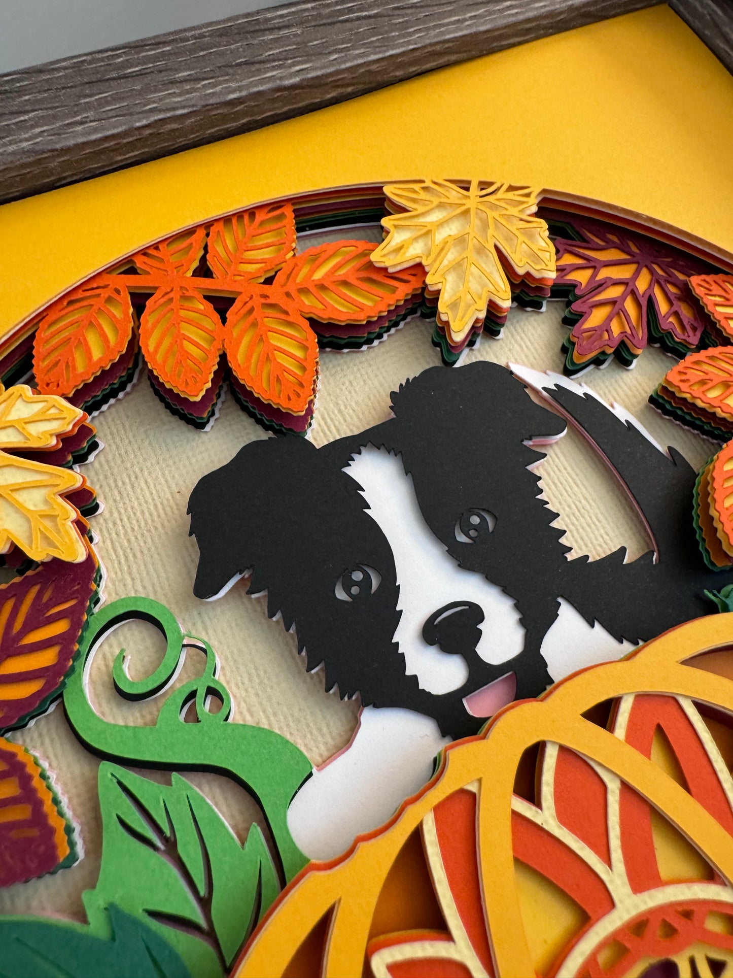 Dog in the pumpkin patch 3D paper art shadowbox