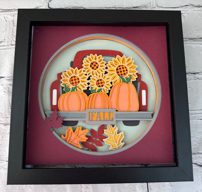 Fall truck with pumpkins and sunflowers design 3D paper art in a shadowbox