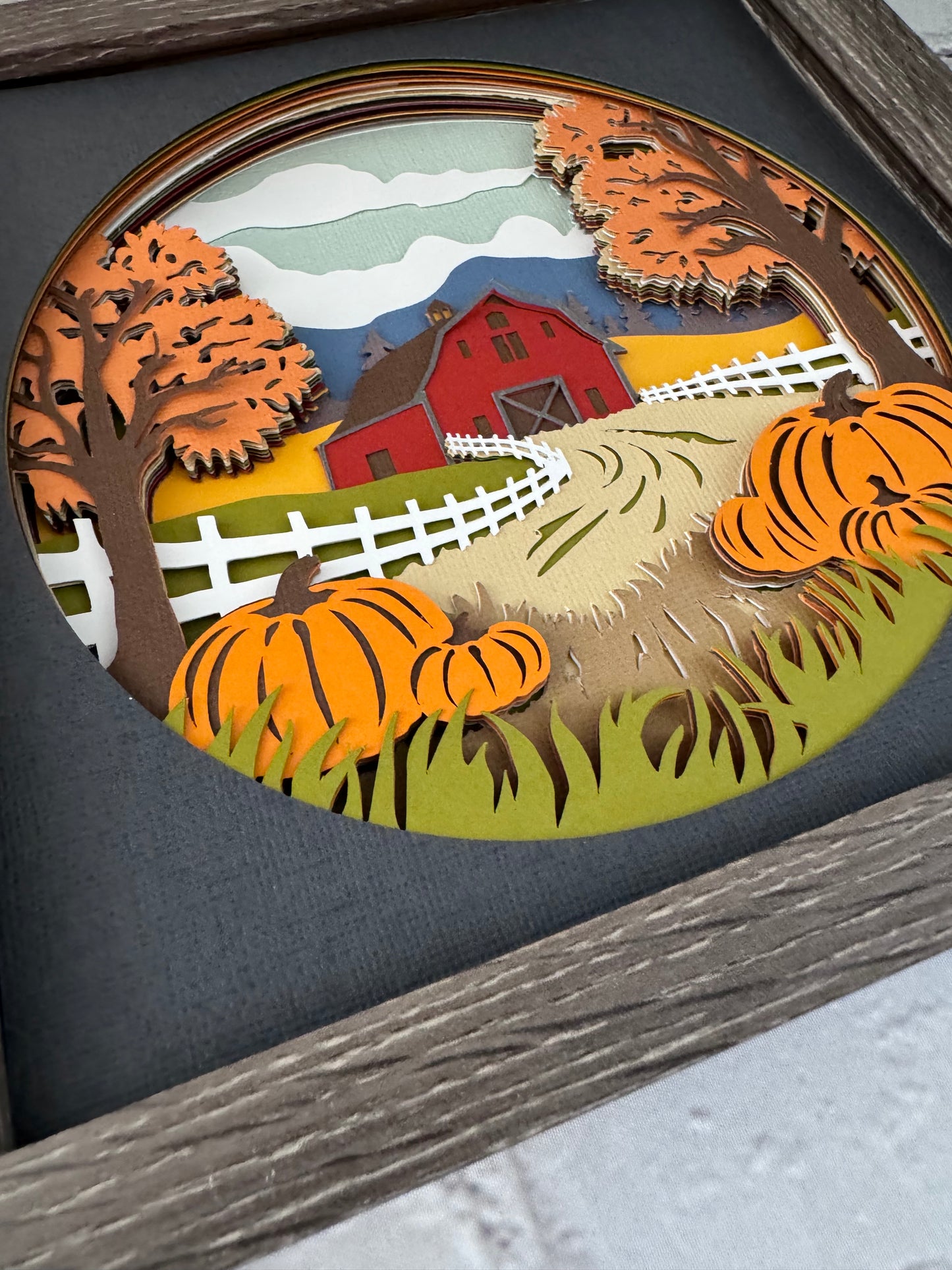 Fall barn landscape design 3D paper art in a shadowbox