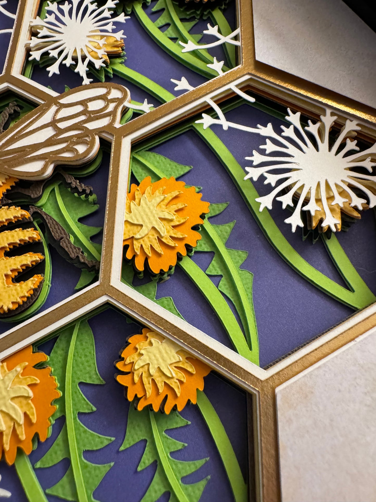 Bee scene honeycomb shape with dandelions 3D paper art in a shadowbox