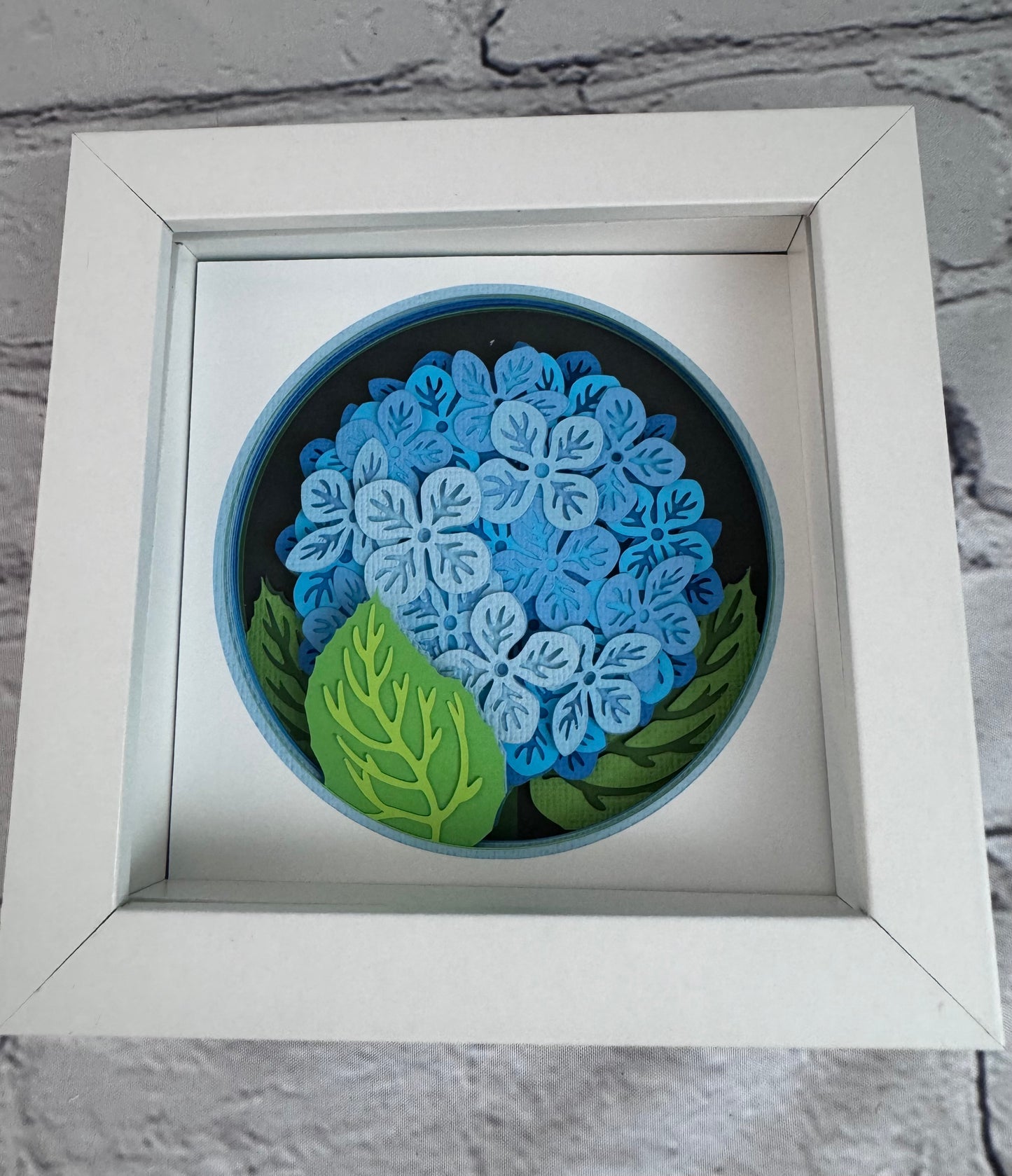 Hydrangea branch flowers mini 3D paper art in a shadowbox